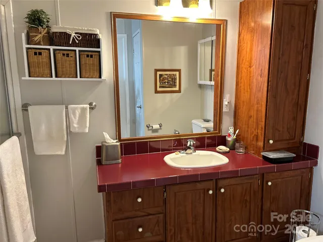 a bathroom with a sink and a mirror