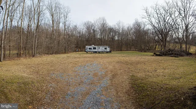 a view of a field with trees in the background