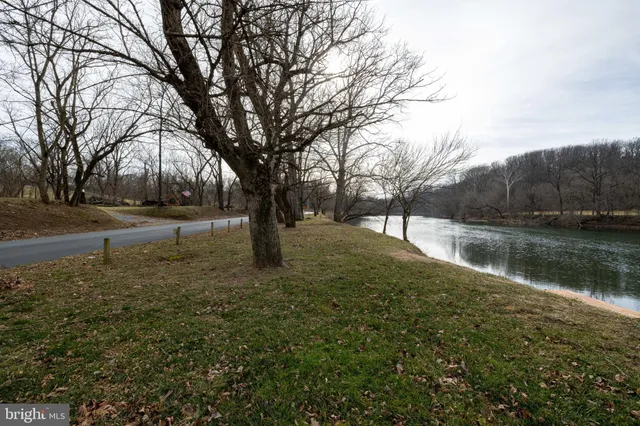 a view of a lake with a yard and covered by trees