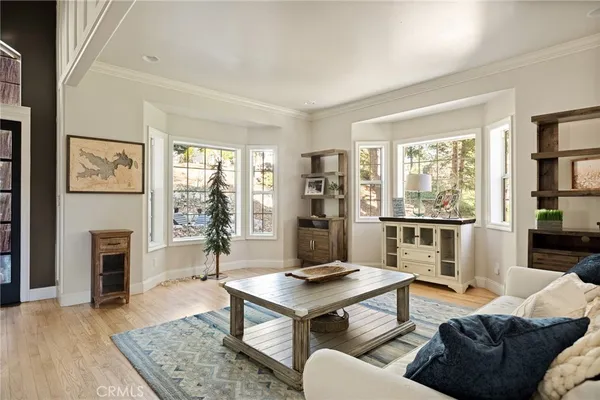 a living room with furniture and a kitchen view