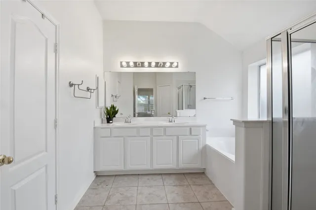a bathroom with a double vanity sink mirror and shower
