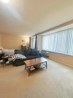 a living room with furniture rug and a window