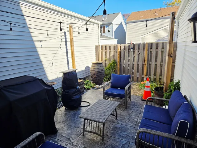 a building outdoor space with patio furniture