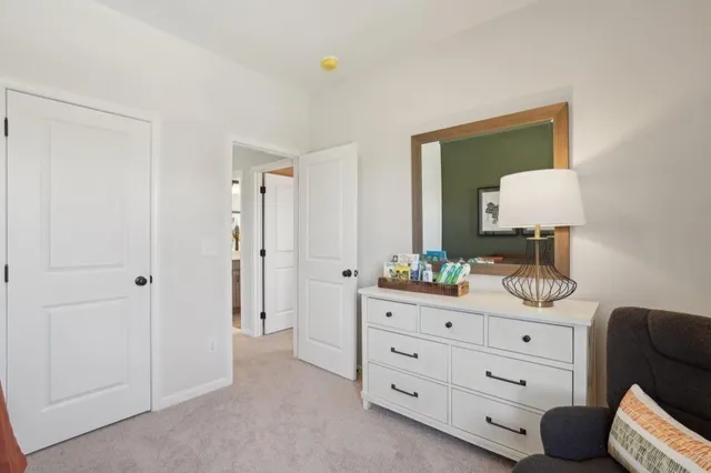 a bedroom with a bed and a dresser in it