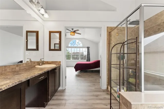 a spacious bathroom with a granite countertop sink and a shower
