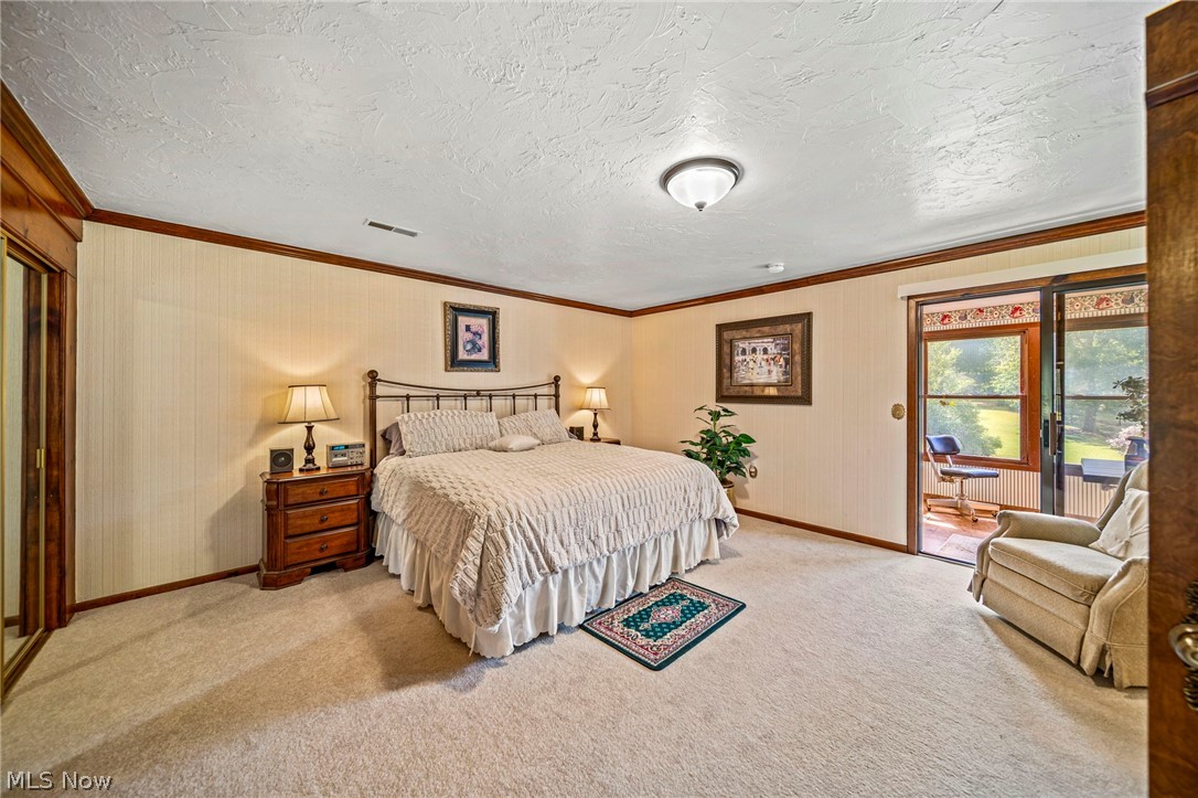 8801 Bunker Road Orwell, OH 44076 - Photo 26 of 50 Carpeted bedroom with ornamental molding, access to exterior, a textured ceiling, and radiator