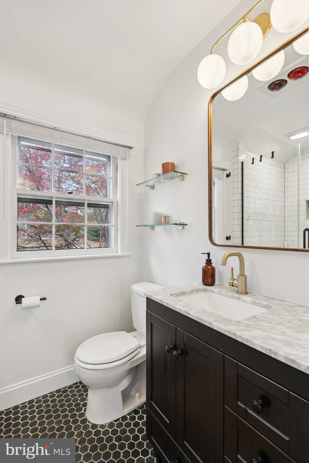 3231 Beech Street Northwest Washington, DC 20015 - Photo 14 of 29 a bathroom with a granite countertop sink a toilet and a mirror