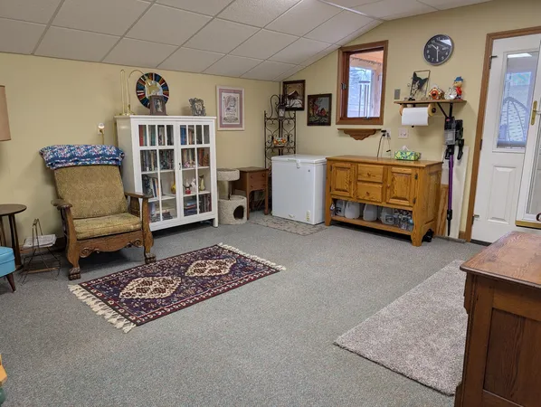 a living room with furniture and a book shelf