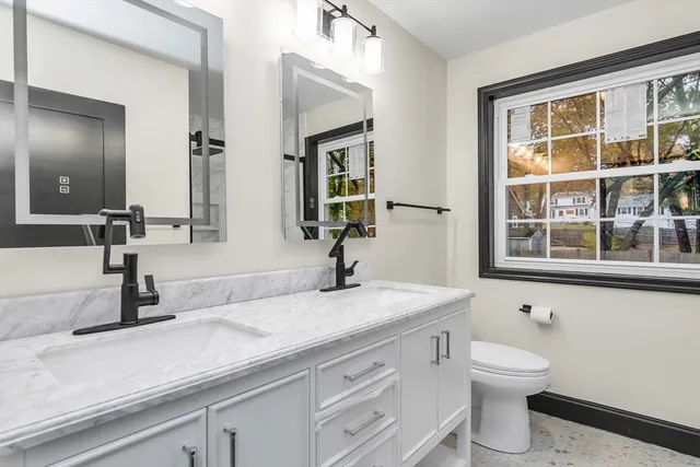 a bathroom with a sink a toilet and a mirror
