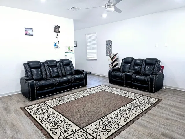 a living room with furniture rug and window