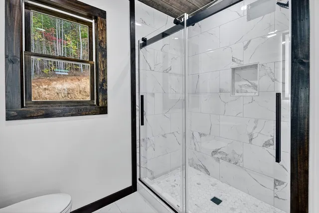 a bathroom with a shower and toilet