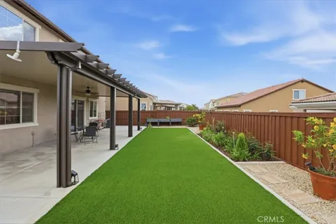 a garden view with a seating space