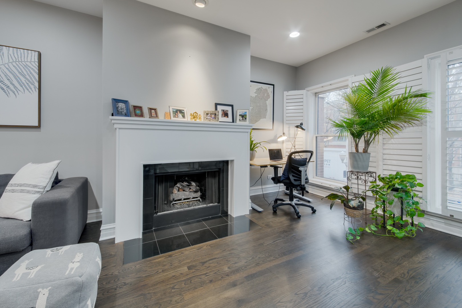 1316 West Fillmore Street, Unit B Chicago, IL 60607 - Photo 9 of 42 a living room with furniture potted plant floor and a fireplace