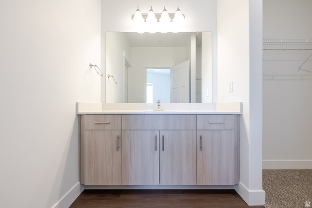 4727 South 690th West, Unit W301 Mapleton, UT 84664 - Photo 9 of 16 Single vanity with light wood-finish cabinetry, white countertop, and a rectangular mirror