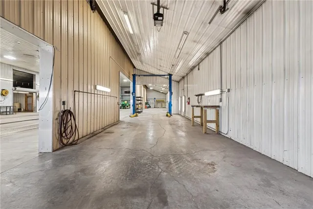 a view of a garage with storage