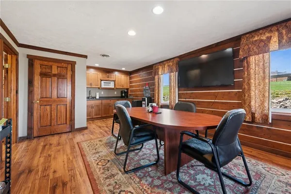 a view of a dining room with furniture