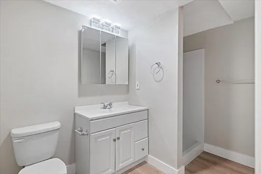 a bathroom with a toilet sink vanity and mirror