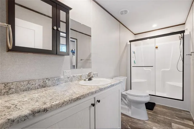 a bathroom with a granite countertop sink mirror vanity and toilet
