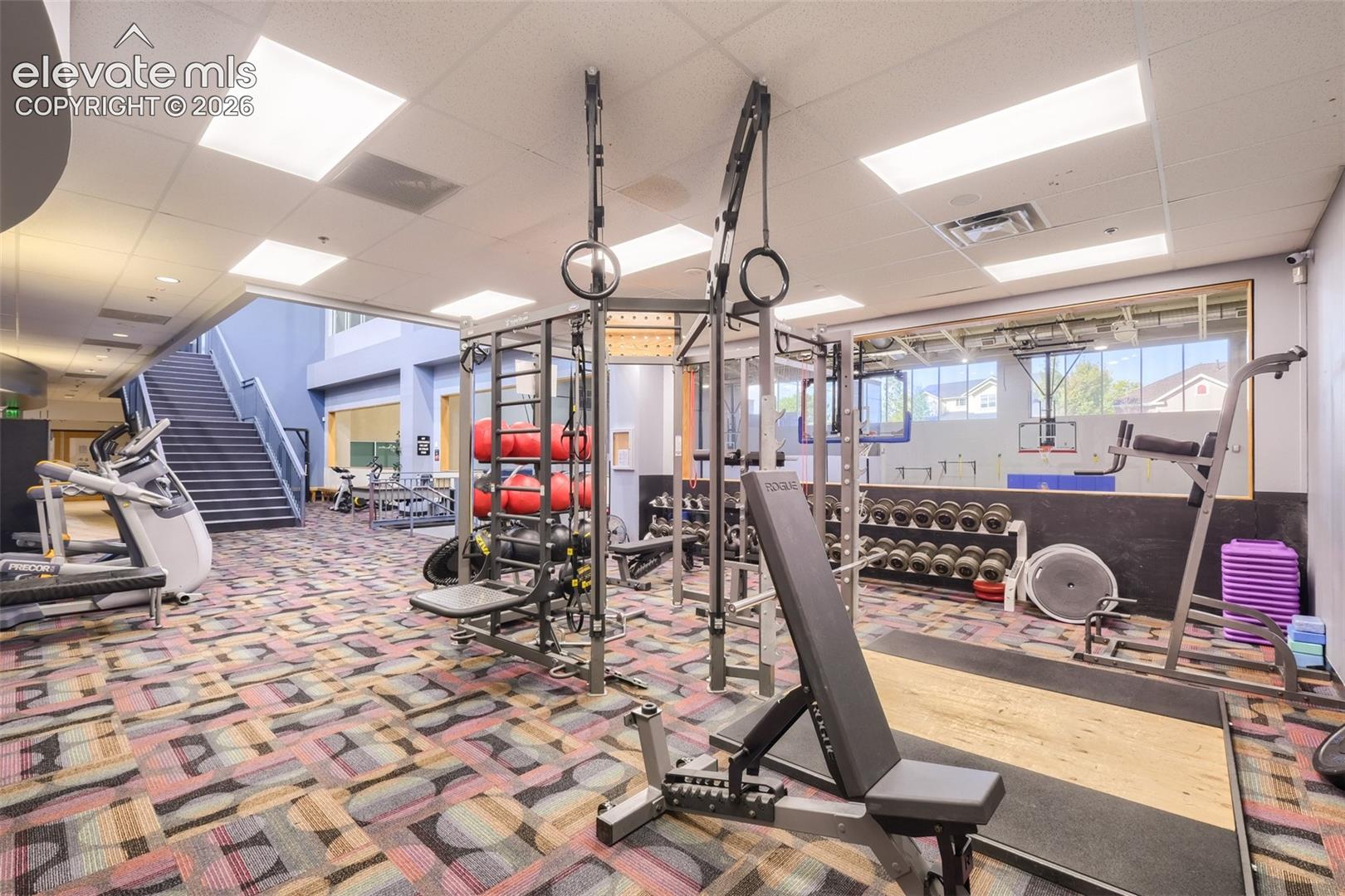 10149 Angeles Road Peyton, CO 80831 - Photo 23 of 24 Fitness center with diverse exercise equipment, geometric patterned carpet.