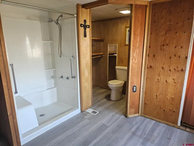 a bathroom with a shower and a toilet
