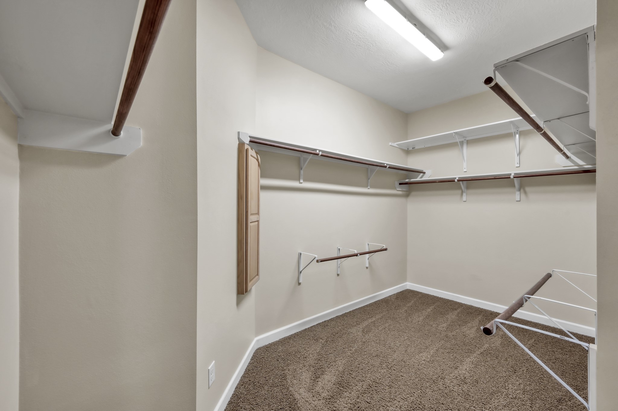 31507 Boulder Cliff Lane Spring, TX 77386 - Photo 27 of 45 This photo shows a spacious walk-in closet with carpeted flooring, multiple shelves, and hanging rods, providing ample storage and organization options.
