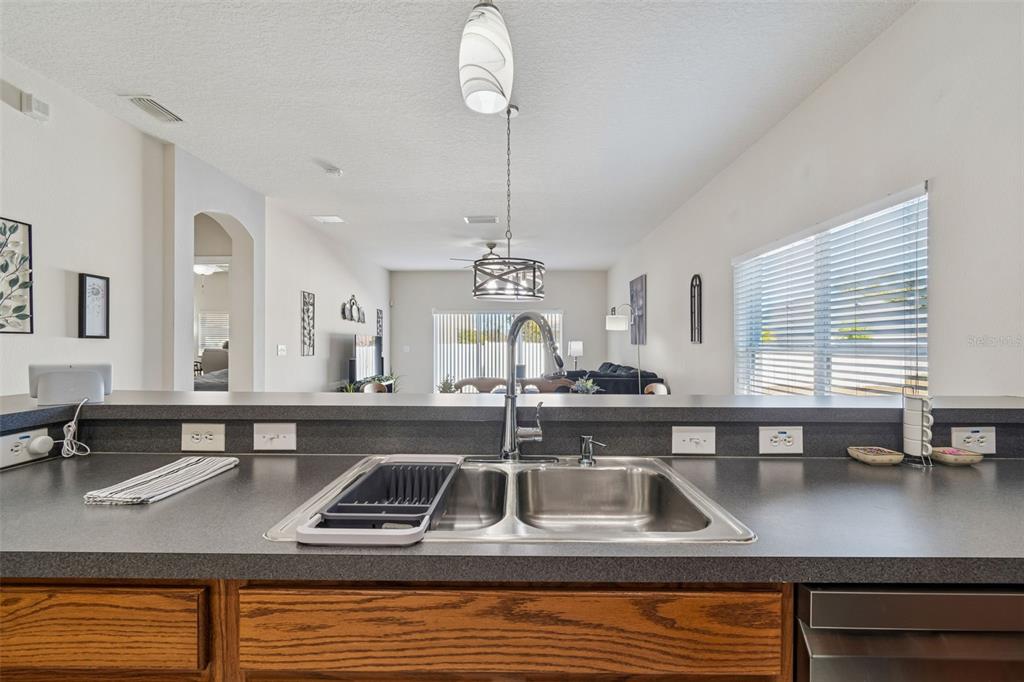 5956 Desert Peace Avenue Land O' Lakes, FL 34639 - Photo 18 of 79 a kitchen with counter top space cabinets and chandelier