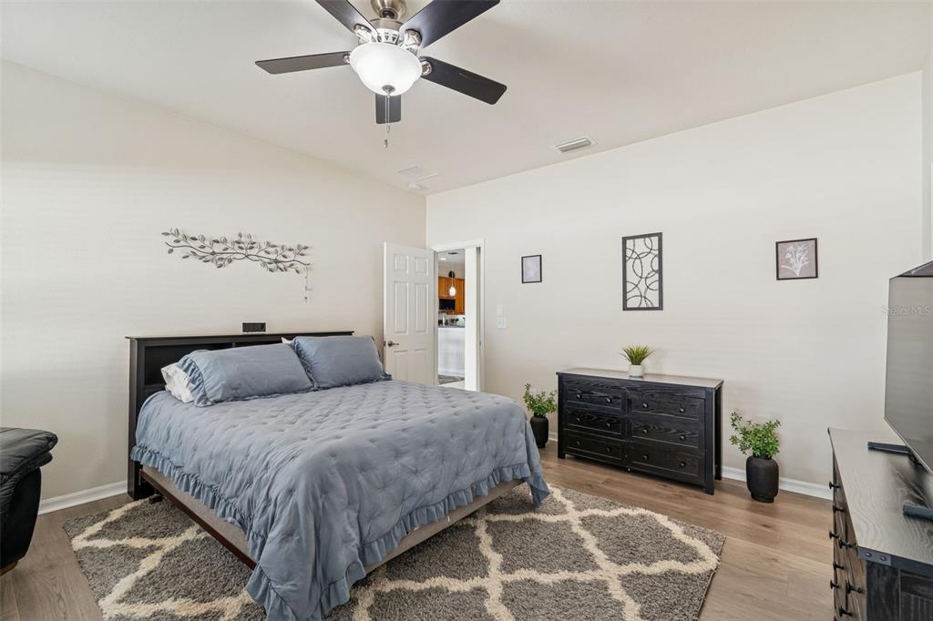 5956 Desert Peace Avenue Land O' Lakes, FL 34639 - Photo 32 of 79 a bedroom with a bed and a chandelier