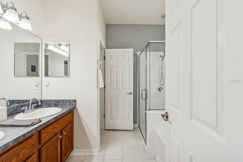 5956 Desert Peace Avenue Land O' Lakes, FL 34639 - Photo 34 of 79 a spacious bathroom with a granite countertop sink a mirror and a shower