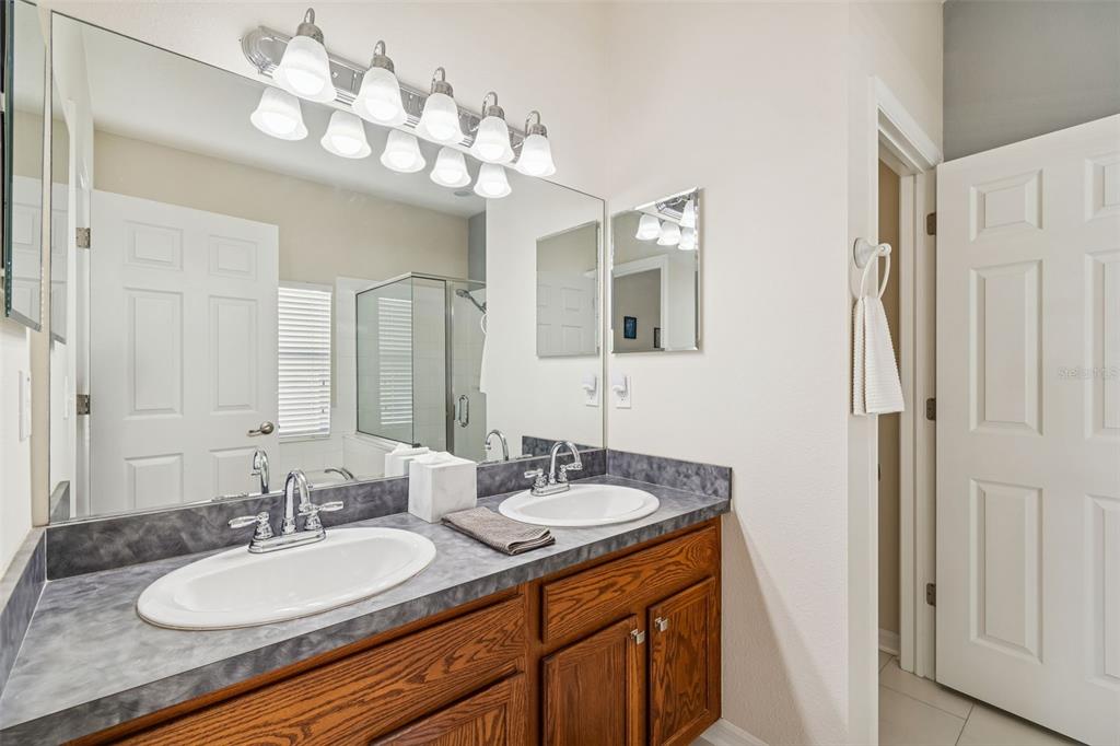 5956 Desert Peace Avenue Land O' Lakes, FL 34639 - Photo 35 of 79 a bathroom with a granite countertop sink a mirror and a shower