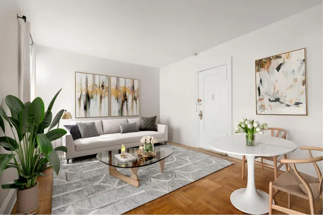 a living room with furniture and a potted plant