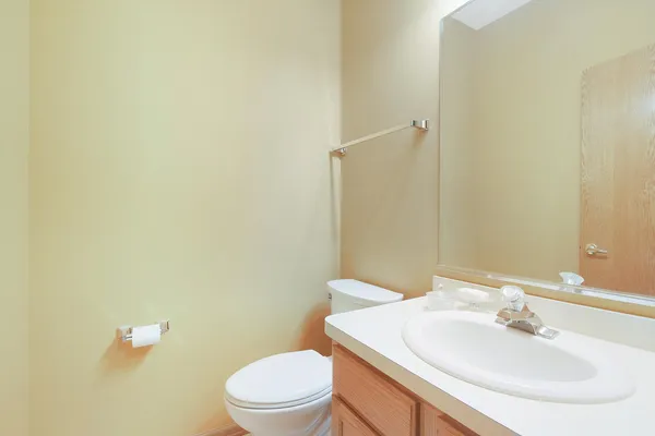 a bathroom with a sink a toilet and mirror