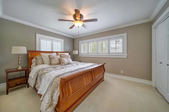 a spacious bedroom with a bed and a chandelier
