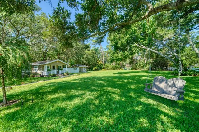 a view of a house with a big yard potted plants and large tree