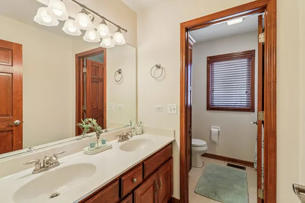 a bathroom with a sink a toilet and a mirror