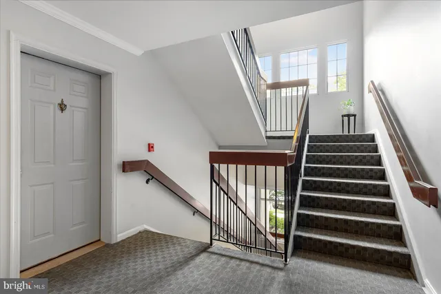 a view of staircase with lots of frames on wall