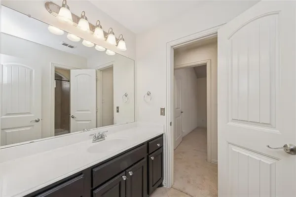 a bathroom with a sink vanity and a mirror