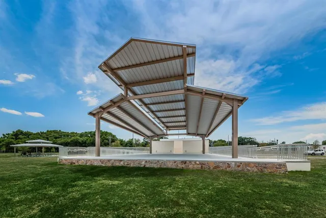 a view of outdoor space with signage and flags