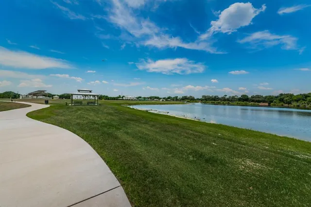 a view of a park with large trees