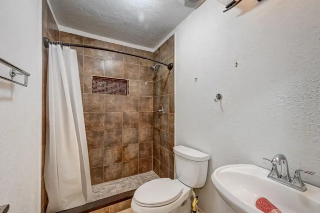 a bathroom with a shower and a toilet