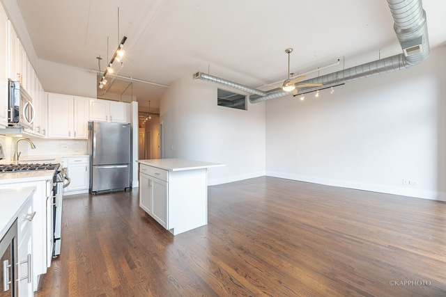 1000 West Adams Street, Unit 413 Chicago, IL 60607 - Photo 12 of 29 a kitchen with stainless steel appliances a stove top oven a refrigerator and cabinets