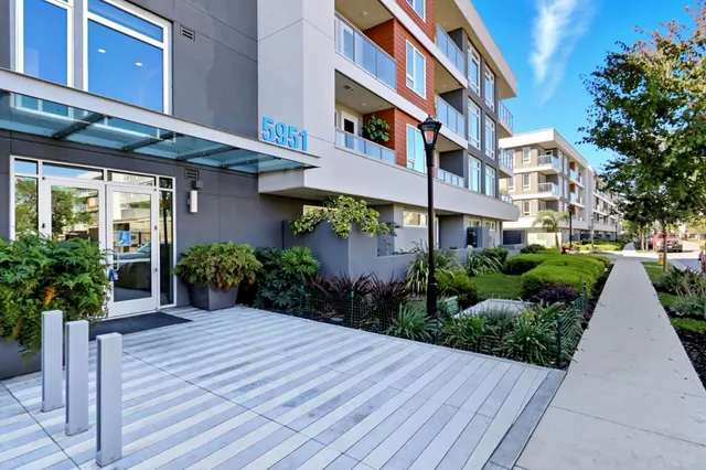 a view of a building with potted plants