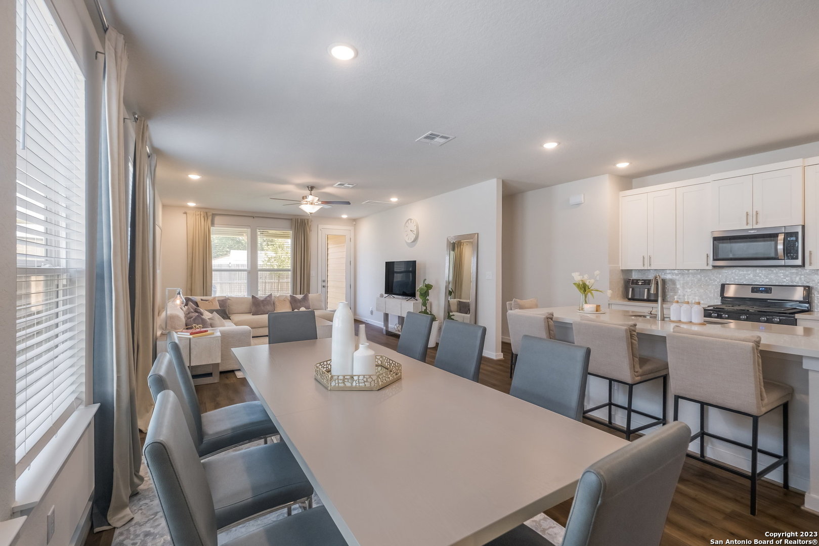 a view of a dining room with furniture