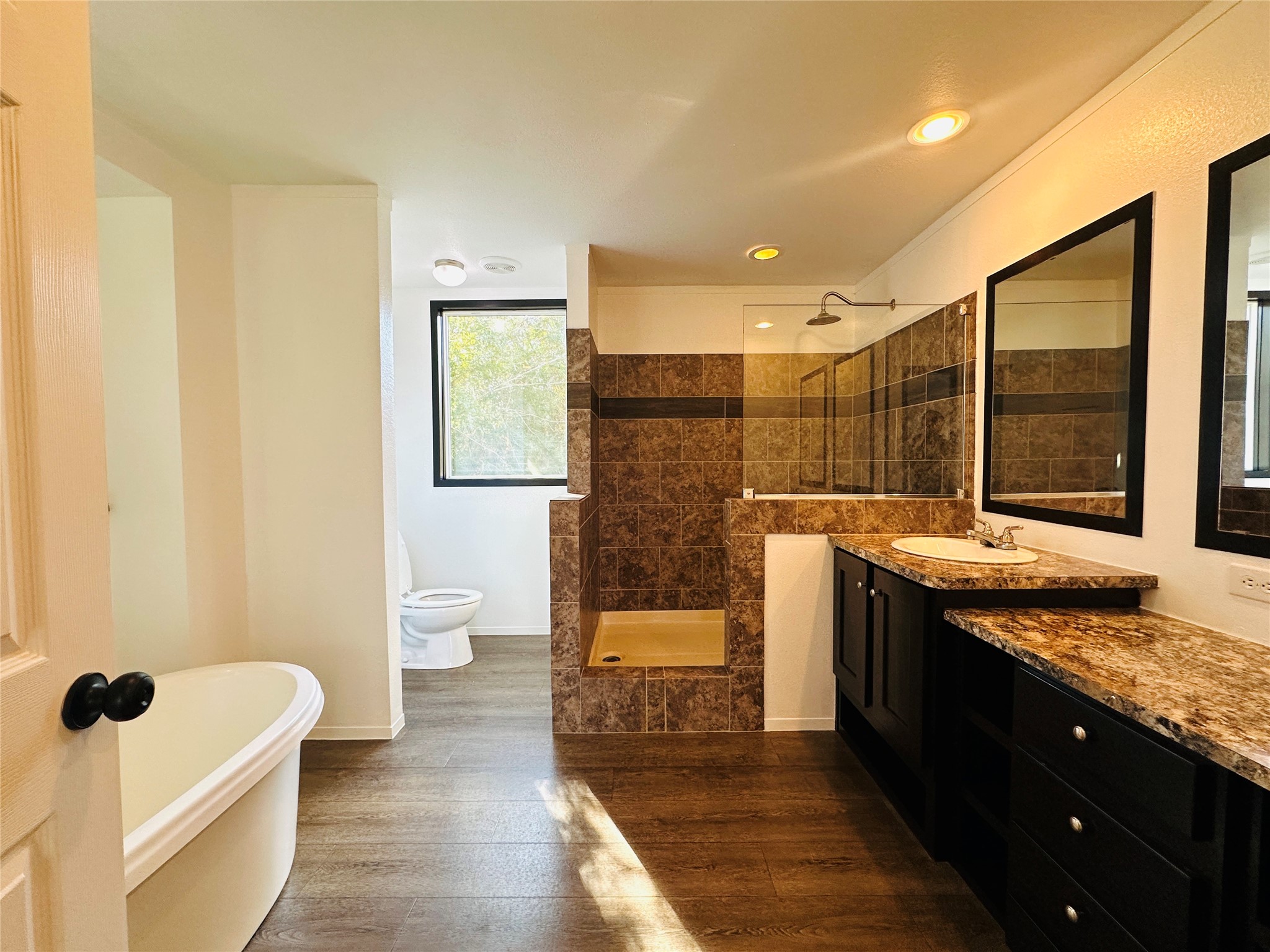 145 Campbell Street Shepherd, TX 77371 - Photo 22 of 36 a bathroom with a granite countertop sink a toilet a mirror and shower