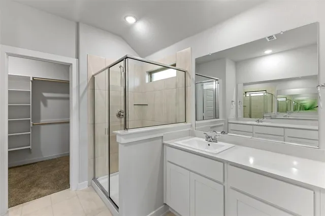 a bathroom with a shower sink and mirror