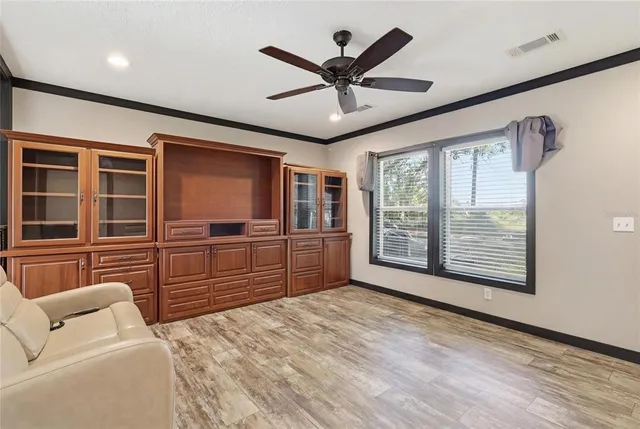 a living room with furniture windows and a ceiling fan