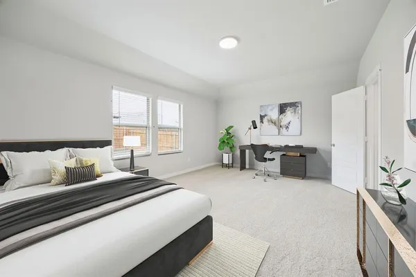 a spacious bedroom with a bed and furniture