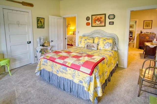 a bed sitting in middle of a building