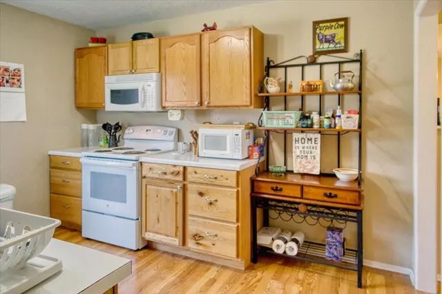 a view of a field with trees in the background