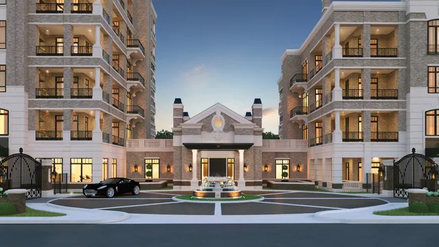 a front view of a building and car parked