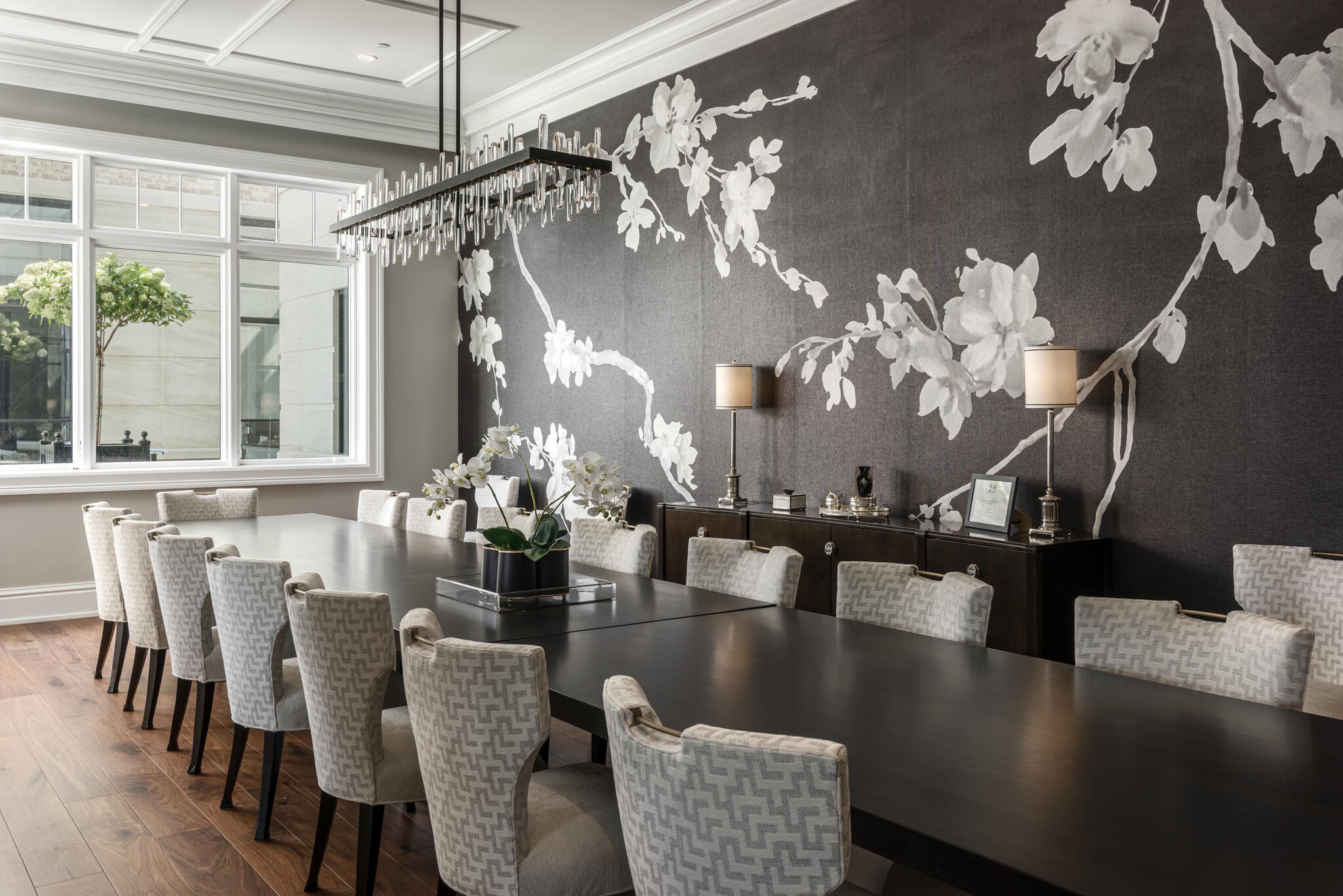 110 Woodmont Boulevard, Unit N601 Nashville, TN 37205 - Photo 22 of 42 a view of a dining room with furniture a chandelier and large windows